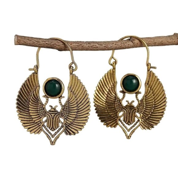 Unbranded Jewelry - Enchanting Elegance: Insect Design Green Inlaid Dangle Earrings with 14K Gold Pl